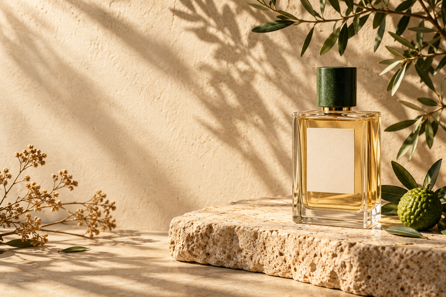 Composição ilustrativa de perfumaria com frasco, folhas e bergamota